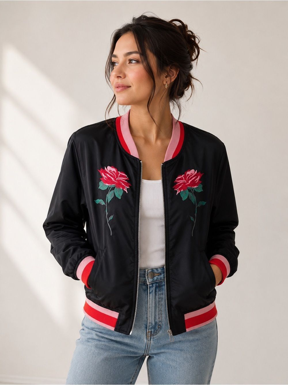 ban.do Black Bomber Jacket with Pink & Red Rose Embroidery
